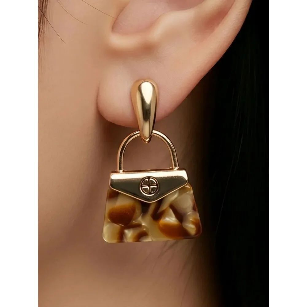 Tortoiseshell Handbag Earrings Gold Statement Dangle Designer Inspired Studs